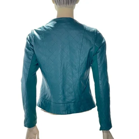 Iman Teal Leather Asymmetrical Moto Jacket XS Zipper Pockets Womens Size Small - Picture 4 of 13